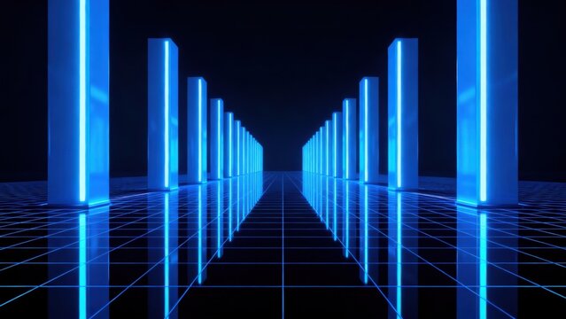 Blue neon pillars in grid pattern
