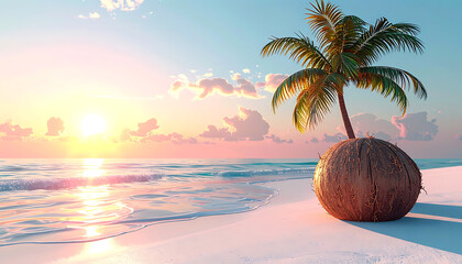 Obraz premium pixel art coconut with palm tree on a serene beach at sunrise, soft pastel colors, tranquil ocean waves, tropical vacation concept