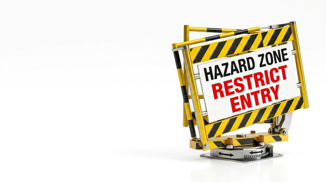 Hazard zone restrict entry sign with yellow and black caution stripes on mechanical stand, isolated on white background, warning of restricted access and danger
