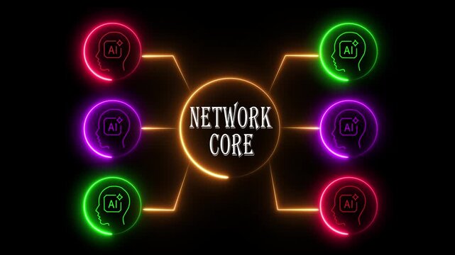 Artificial intelligence network core concept with glowing neon neural connections and data nodes 4k