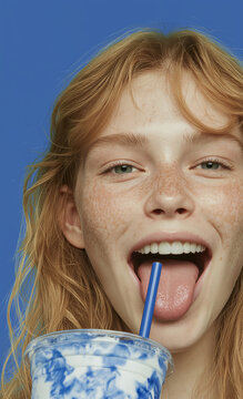 Smiling freckled fashion model with a drink cup and blue straw on a vivid blue studio background. Fresh lifestyle image for beverage branding and ads.