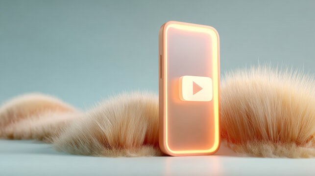 Glowing play button mobile phone model in plush scene - Generative AI