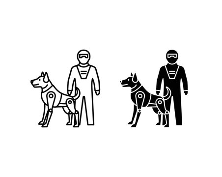 K9 Unit, Security Dog Handler Icons: Outline and Solid Fill, Vector Set for Law Enforcement and Protection Concepts