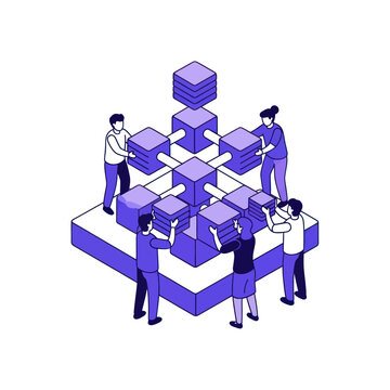 Teamwork Building a Data Structure - Collaborative Isometric Illustration.