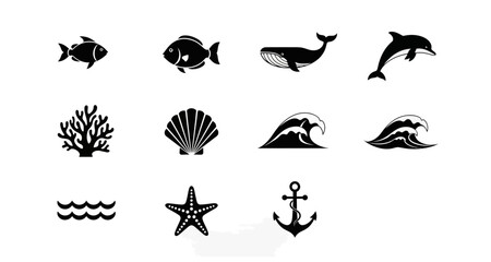 Fototapeta premium Marine life silhouettes collection on transparent background