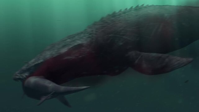 An epic underwater 3d animation of a struggle during the Cretaceous periodA massive Mosasaur hunts a long-necked Plesiosaur in deep prehistoric waters