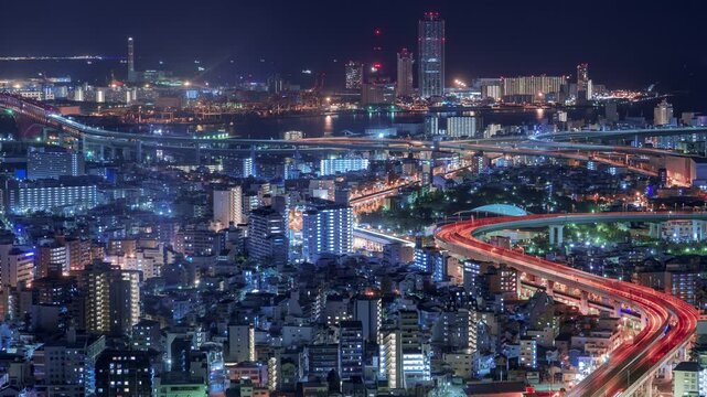 [PanRight] Osaka City Night View Timelapse, High Angle Overview and Road Traffic, Japan