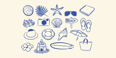 Fototapeta premium Tropical beach and summer vacation essentials icon set doodle vector illustration hand drawn travel collection