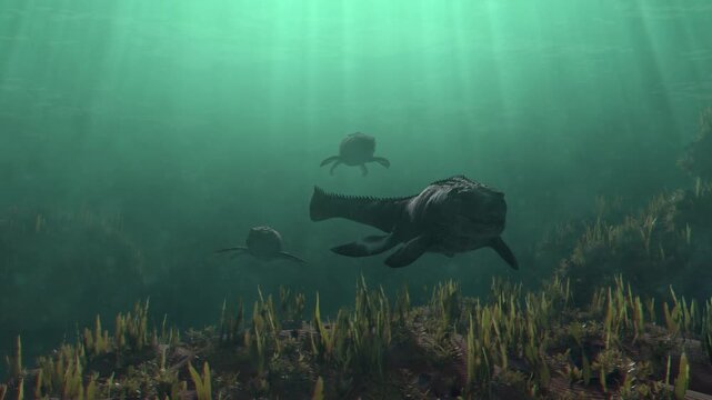underwater 3d animation of of massive Mosasaurs swim gracefully through a deep prehistoric ocean 