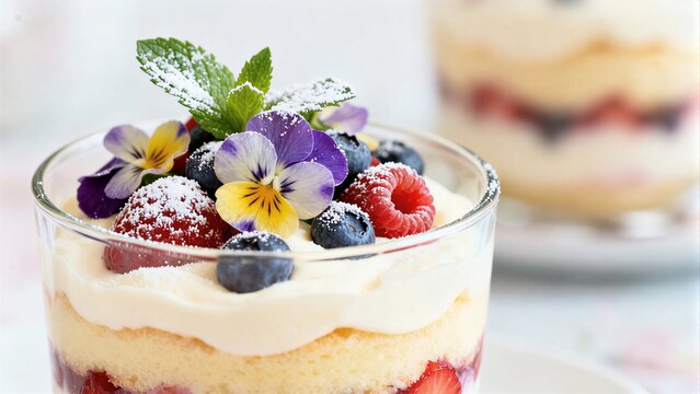 Close-up of layered berry trifle dessert in glass with cream, sponge cake and fresh berries, topped with edible flowers, mint and powdered sugar, elegant gourmet sweets