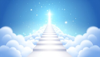 Stairway to Heaven Through Clouds with Bright Divine Light for Ascension Day Concept