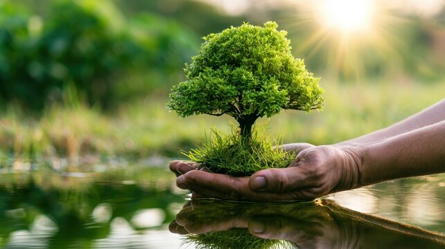 Hands cradling small tree above water reflection at sunset with warm golden hour light and sharp focus for environmental sustainability branding