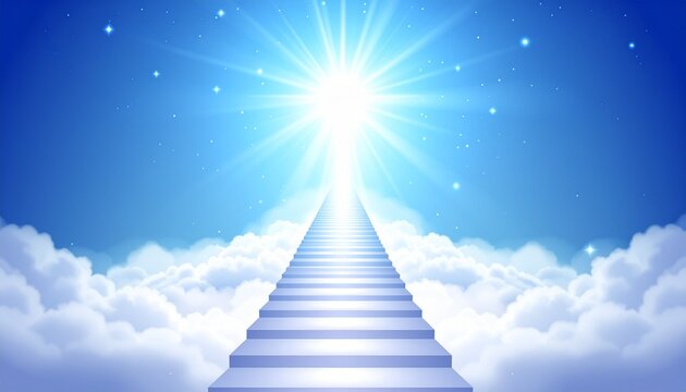 Stairway to Heaven Through Clouds with Bright Divine Light for Ascension Day Concept