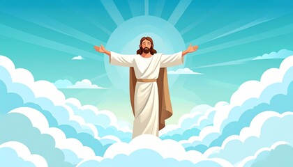The Ascension of Jesus Christ to Heaven with Open Arms in the Clouds Illustration