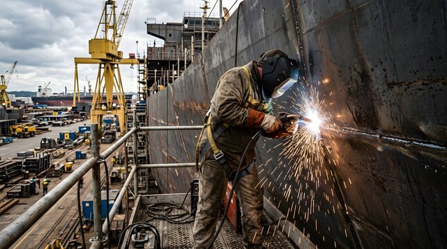 Industrial worker welding metal on ship in busy shipyard