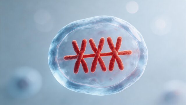 Cell with chromosomes under microscope