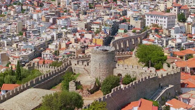 Aerial View of Kavala Old Town and Fortress, Kavala, Greece
