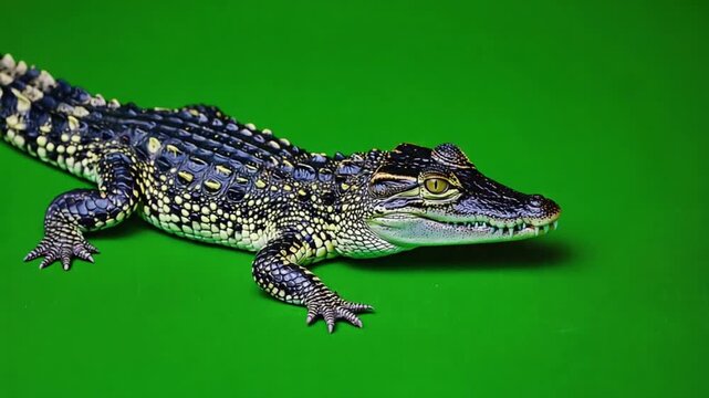 close-up american alligator resting on green mossy surface in natural habitat