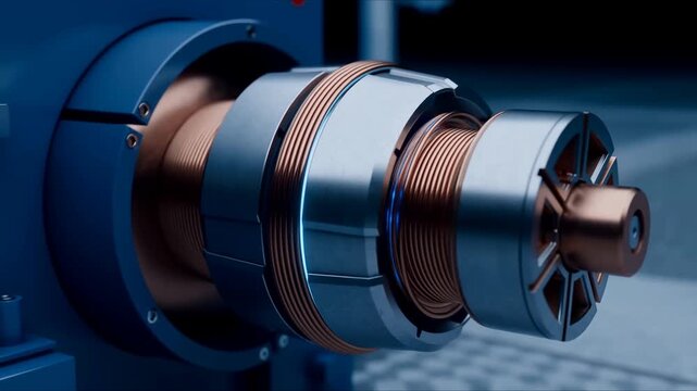 Tracking shot of rotating motor rotor and copper coil assembly turning on inspection bench in industrial workshop
