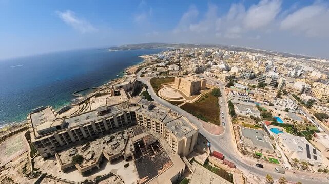 Aerial view of a ruined, abandoned  resort hotel in Marsaskala in Malta, with the 17th-century watchtower of Saint Tomas in the background