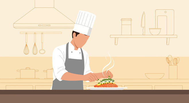 Chef plating gourmet food in professional kitchen, culinary art, fine dining preparation