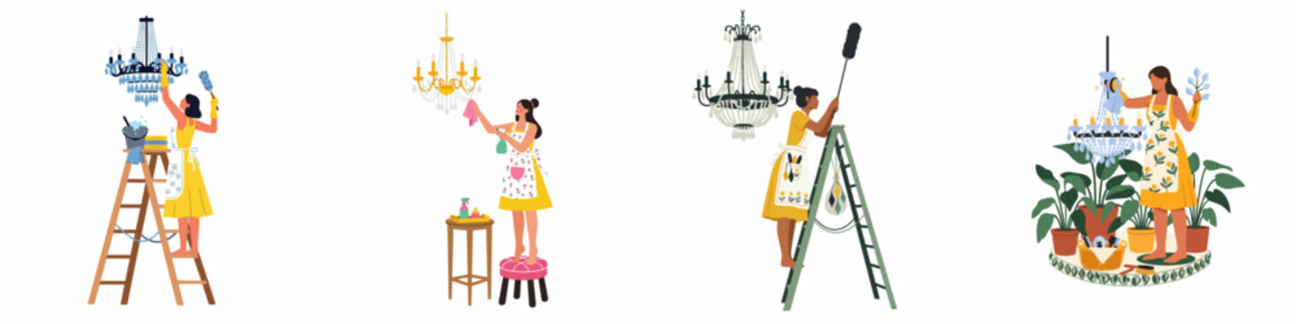 Flat vector illustration set of women cleaning different types of elegant chandeliers using ladders, stools, and cleaning supplies in a home setting.