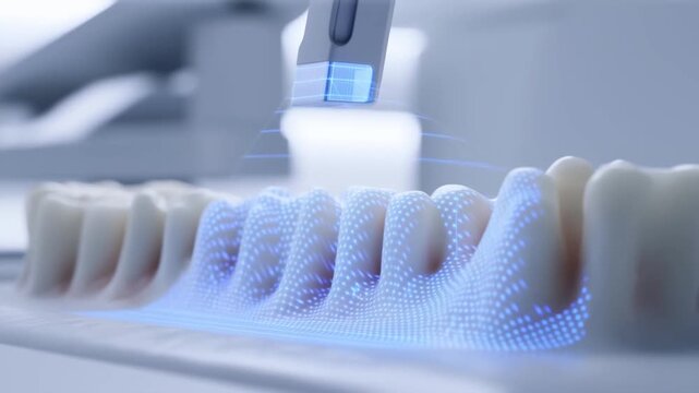 Handheld tracking slow motion shot of dental model being scanned with holographic mapping across teeth in clinical laboratory tabletop operatory
