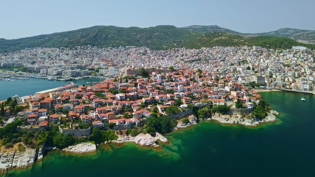 Aerial View of Kavala Old Town and Fortress, Kavala, Greece