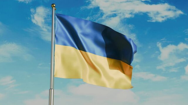 Ukraine flag waving in wind with flagpole, against the background of the sky with clouds, 4K video render