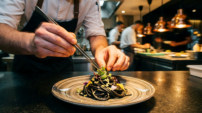 Professional Chef Hands Plating Gourmet Black Pasta with Microgreens in Commercial Kitchen for Restaurant Marketing