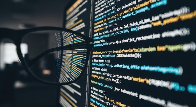 Close-up of glowing lines of code on a computer screen with glasses reflected, showcasing digital programming and software development.