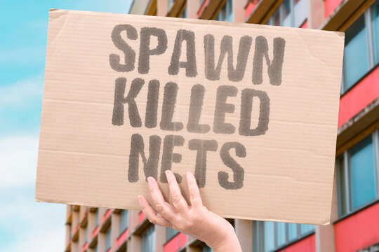 "Spawn Killed Nets" Fishing nets catch juvenile fish before they can reproduce and replenish stocks. JUVENILE. FISH. REPRODUCE. REPLENISH. STOCKS.