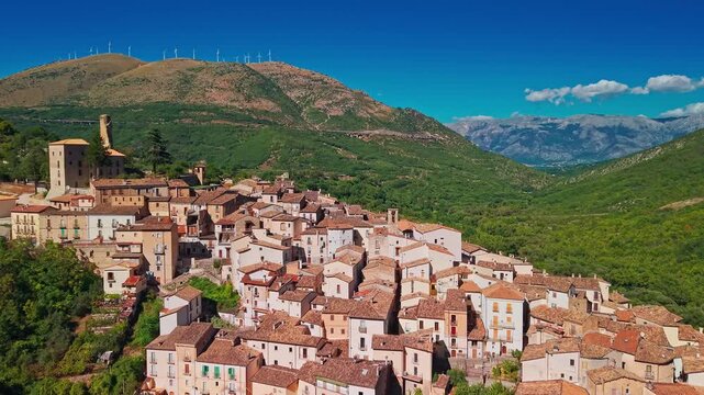 Aerial view of Anversa degli Abruzzi medieval town