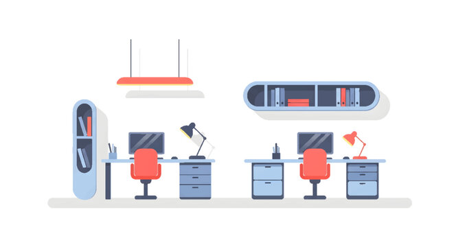 Modern office interior with two empty workstations, computers, and desks. Flat design illustration of a contemporary workspace for business and productivity.