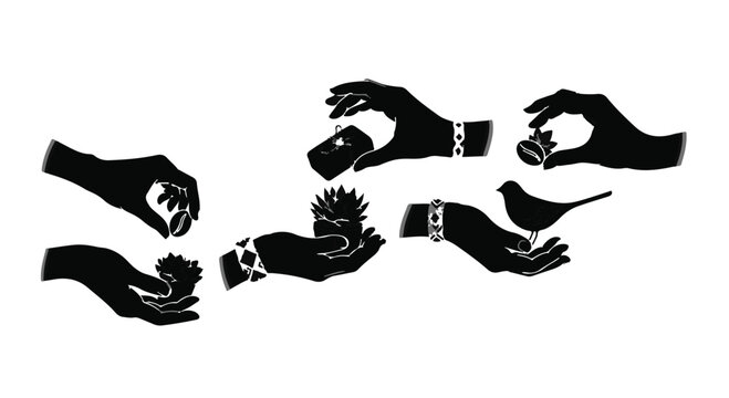 Hands interacting with small objects are displayed as a collection of black silhouettes on a white backdrop.
