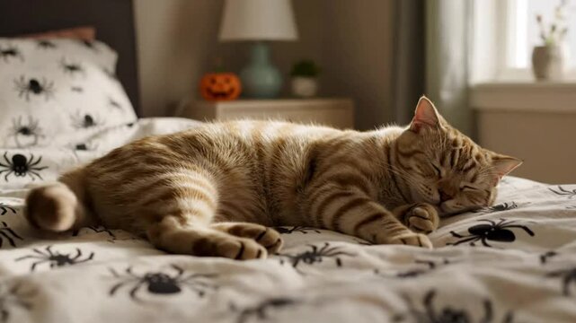 Cozy ginger tabby cat sleeping peacefully on bed with Halloween themed spider print bedding, comfort and rest