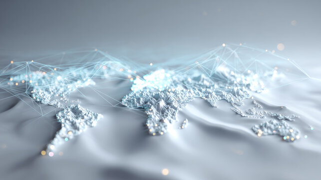3D abstract world map with glowing technology network lines and city lights on a white wavy background for global connectivity and digital communication concept - Generative AI