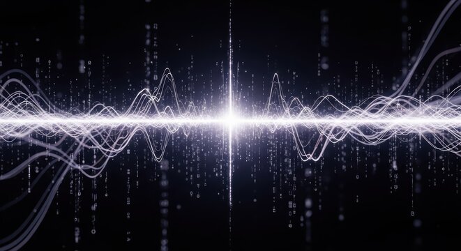 Abstract digital data waveform visualization with glowing light and binary code streams representing technology and sound
