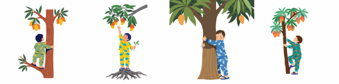 Set of illustrations featuring a young boy in dinosaur pajamas climbing, picking fruit, and hugging mango trees on a white background.