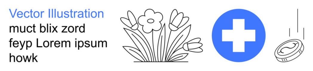 Fototapeta premium Nature, wellness, medical care, eco-finance, environmental responsibility, healthcare. Outline of flowers, blue medical cross and falling coin. Nature and wellness combined with medical care concept