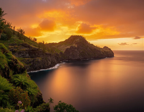 Dramatic Volcanic Island at Sunset, Golden Sky and Ocean