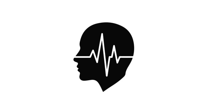 Human head profile features a white heartbeat line across the center representing medical health and vital signs.
