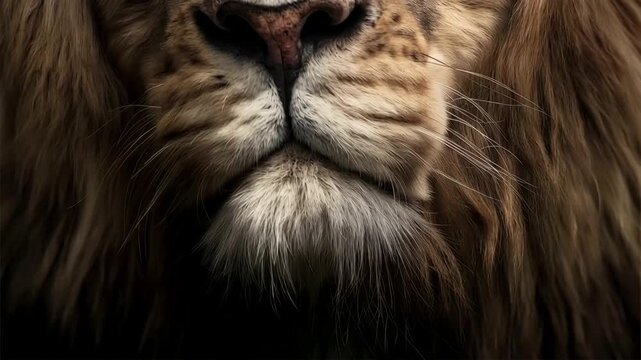 Majestic lion macro closeup portrait with intense eyes and detailed fur texture. Close up on part of Lion face. Beautiful wildlife
