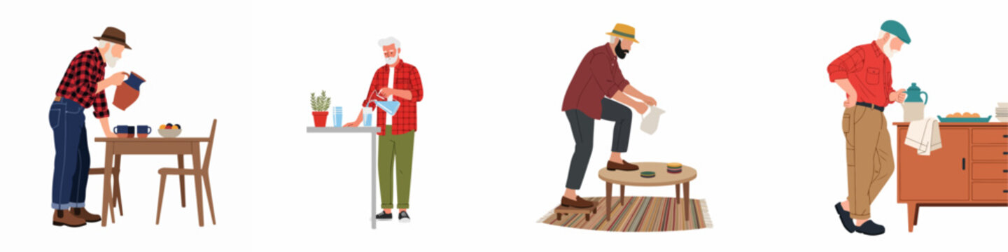 Flat vector illustration set of elderly men engaged in various domestic activities like pouring drinks and preparing snacks in different home settings.