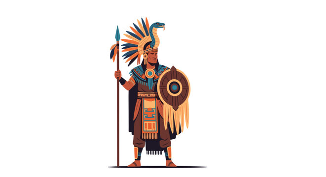 Traditional Aztec or Mayan warrior standing proudly with feathered headdress, long spear, and decorated circular shield.