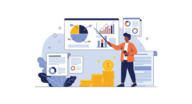 Professional man presenting financial data charts and growth projections using pointer and stack of gold coins.