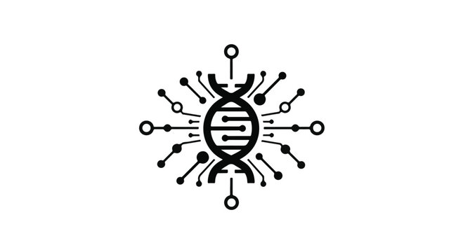 DNA helix structure appears at the center of a complex digital circuit board node network.