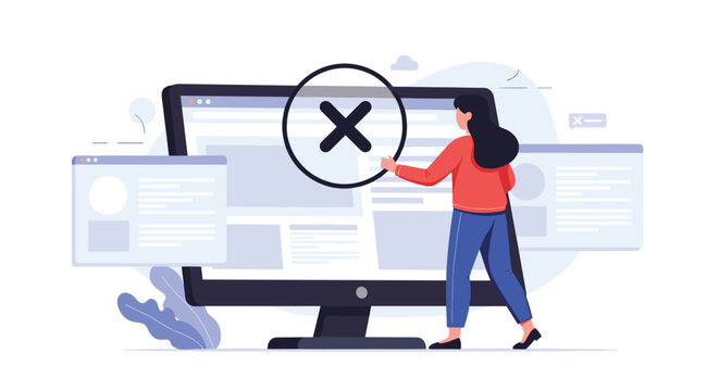 Frustrated woman looking at a large computer monitor displaying a big cross symbol indicating a system error or connection failure.
