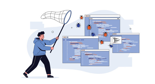 Software developer catching digital bugs with a net on computer screens representing debugging and quality assurance.