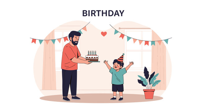 Father surprises his happy son with a delicious chocolate birthday cake while celebrating at home with party decorations.